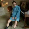 Azul Turtleneck Drawstring Manga Longa Vestido Mulheres Designer Outono Loose Mini Coreano Roupas 210427