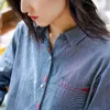 Johnature Autumn Striped Shirts For Women Embroidery Blue Long Sleeve Blouses Casual Loose Female Clothes Denim Shirts 210521