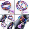 Beaded, Wojiaer 108 Meditation Mti-Layer Long Strands Bracelets 7 Chakra Yoga Natural Round Amethyst Mala Beads Tassel Jewelry Drop Delivery