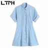 vintage short sleeve shirt dress women high waist double pockets solid single breasted elegant mini dresses Summer 210427