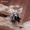 Cluster Rings 925 Sterling Thai Silver Black Agate Lucky Ring Original Design Vintage Cute Charm Open Fine Jewelry For Women