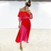Otoño vestido de mujer Vintage largo Maxi señoras Slash cuello manga suelta rojo rosa contraste Color es Vestidos 210517