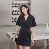 Eleganta randiga sommarplaser för kvinnor Kortärmad Notched Office Lady Work Wear Koreansk Kvinna Playsuit med Bälte 210518