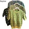 Neploe Sommer Strick T-shirt Elegante Blume Crop Tops Frauen Koreanische Mode Frau Kleidung Kurzarm T-stücke Jacquard Dünne Pullover 210422