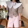 Korejpaa Dames Blouses Korea Chic Afneembare Pop Collar Contrast Lace-Up Single-Breasted Daisy Bubble Sleeve Shirt Vrouw 210526