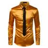 2pcs Silver Silk Shirt+Tie Mens Satin Smooth Tuxedo Shirts Casual Button Down Men Dress Wedding Party Prom Chemise Homme 210626