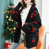 AZYT Fruit cerise broderie tricoté Cardigan automne col en V surdimensionné femme pull veste hiver chaud tricots 210922