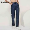 Aachoae mode 100% coton maman jean femmes taille haute poches solides Cowboy pantalon fermeture éclair mouche longue Denim crayon pantalon 210322