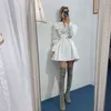 Gaganight Корейская мода женщин мини-короткие оборманы платье с длинными рукавами V шеи твердые девушки платья шикарный летний весна Vestidos Slim 210519