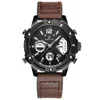 GOLDENHOUR Top Brand Men Dual Display Fashion Quartz Watch Mens Waterproof LED Digital Clock Military Leather Casual Wristwatch 210517