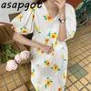 Chic Korean Sweet Fresh V Neck Puffed Puff Short Sleeve Floral Dress Loose Vestidos de Mujer Fashion Summer Women Clothing 210610