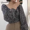 Yitimuceng Leopard Bluse Frau Oversize Lace Up Mode Lange Puff Sleeve Büro Dame Hemd Grün Blau Braun Frühling Sommer 210601