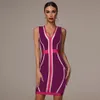 2021 Summer New Women s Fashion Sexy Striped Stitching Bandage Dress Deep V neck Vestidos Party Club Mini Christmas Dress 210319