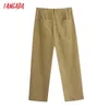 Tangada Mode Frauen Khaki Anzug Hosen Hosen Taschen Knöpfe Büro Dame Hosen Pantalon BE809 210609