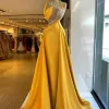 Robes de soirée de forme sirène de luxe jaune vif perlée dentelle Appliques haut sexy Illusion robes de bal élégant Satin froncé femmes robe de soirée formelle Vestido de novia CG001