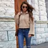 Khaki Fleece Casual Krótki Kapturem Kobiety Faux Fur Bluza Top Jesień Zima Odwróć Kołnierz Zipper Z Długim Rękawem Swetry Mujer 210526