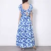 Blue Print Patchwork Dress For Women Slash Neck Butterfly Sleeve High Waist Midi Hit Color Dresses Female 210520