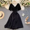 Neploe V Neck Short Sleeve Temperament Dress Women High Waist Hip A Line Solid Vestidos Summer Solid Robe Slim Holiday 210510