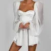 Casual Dresses Hirigin Women's Elegant White Satin Dress Long Lantern Sleeves A-Line Mini Slim Sexy Chiffon Women Vestidos 2022