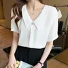 Стильные шикарные с коротким рукавом женщины белые рубашки блузки летние кнопки свободные женские топы элегантные дамы Blusas из бисера 210601