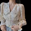 Feminino Peter Pan Collar Blouse Curto Design Coreano Japão Estilo Slim Cintura Moda Mini Camisa Tops Feminino Blusa GX1038 210507