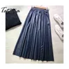 Winter women's leather skirt pleated black long s for women vintage pu faux High-waisted female 210514