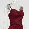 Colysmo Satin Party Dress Donna Red Spaghetti Straps Collo ad anello Increspato Backless Sexy Abiti lunghi Summer Club Vestidos 210527