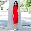 Beaukey Sexy Vermelho Turtleneck Sem Mangas Verdes Mulheres Bandagem Vestido Split Maxi XL Party Club Celebridade Bodycon Vestido Midi 210630