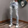 Italienische Mode Herren Jesns Retro Hellgrau Blau Elastische Baumwolle Slim Fit Zerrissene Jeans für Vintage Designer Denim Hosen