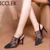 High Heels Sandals Woman Mesh Summer Shoes Women Pumps Pointed Toe Ankle Buckle Strap Ethnic Embroidery Flower Handmade 210907