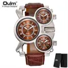 Oulm homens Quartz relógios 3 Tempo Zone Clock Outdoor Viagem Casual WristWatch Marca de Luxo Masculino Genuine Leather Watch G1022