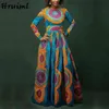 Mode afrikanska klänningar för kvinnor höst tryck långärmad o nacke plus storlek maxi hög midja stor swing vestidos 210513