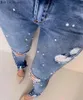 Yeni Yüksek Bel Boncuklu Skinny Kot Kadın Vintage Denim Pantolon Seksi Yırtık Kalem Pantolon Rahat Pantolon Sonbahar Anne Jeans Artı Boyutu H0908