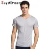 Suyadream Homens Basic Camisetas Natural Silk V Neck Sólida Manga Curta Camisas Branco Preto Preto Primavera Primavera Top 210324