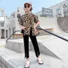 Children Clothes Leopard Tshirt + Pants Costume For Girls Casual Style Clothing Sets Summer Kids Tracksuit 6 8 10 12 14 210527