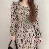 Nomikuma Coreano Leopard Abiti Eleganti Manica A Soffio O-Collo Vestito Delle Donne Primavera Lace Up Vita Sottile Abiti Nuovo 6F195 210427