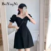 Black Midi Dress Women Lace-up Vintage A Line Party Elegant Slim Oversize Dresses Streetwear Casual Korean Vestidos 210506