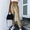 Streetwear Summer Casual Pants Strap Pocket Slim Solid Color Drawstring Womens 210508