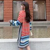 [EWQ] Spring Women Casual Round Neck Loose Soft Panelled Striped Over Knee Long Sleeve Pullover Knitting Sweater 8Y215 210423