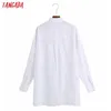 Tangada Mulheres Oversized Bordado Branco Romântico Estilo Camisa de Manga Longa Chic Camisa Feminina Tops 6Z119 210609