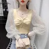 Sonbahar kadın Üst Moda Polka Dot Mesh Uzun Kollu Gömlek Seksi See See Inside See Bluz Kadınlar 12075 210427