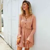 Knitted Women Solid Leisure Autumn Sweater Dress V Neck Flare Sleeve Elegant Mini Ladies Casual es Robe Femme 210515