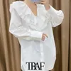 Moda de mulheres com plissado guarnição solta blusa vintage manga comprida botão camisas femininas blusas chique tops 210507