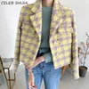 Chic Korean Wool Jacket Woman Fall Blue Plaid Notch Collar Woolen Coat Houndstooth Runway Design Blends Outfit Autumn and Winter 210930