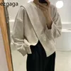 Ezgaga Streetwear Sweatshirt Femmes Automne Coréen Chic Casual Lâche Solide Irrégulier Criss-Cross Manches Longues Y2K Tops Mince Mode 210430