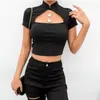 Kadın T-shirt Satış Çin Standı Yaka Kısa Kollu Seksi Bayanlar Kırpılmış Moda Slim Fit Boşluk Yaz Clubwear 210522