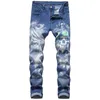 Jeans da uomo Streetwear da uomo Moda Slim Fit Elasticizzato Modello di personalità 3D Pantaloni in denim stampati a colori Pantaloni da cowboy blu dritti