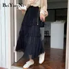 Lato Plised Midi Spódnice Kobiet Solid Ceble Cekiny Elastyczne Wysokie Waist Patchwork Casual Spódnica Czarny Saias Femme 210506