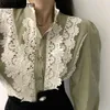Nomikuma Lace Patchwork Elegant Shirts Women Stand Collar Long Sleeve Blouse Single Breasted Korean Style Blusas 3e136 210514