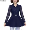 M-5XL Plus Size Lace Lange Blouses Tunieken Tops met Riem Vrouwen Mouw Turn-Down Kraag Kantoor Elegante Koreaanse Shirts Blusas 210513
